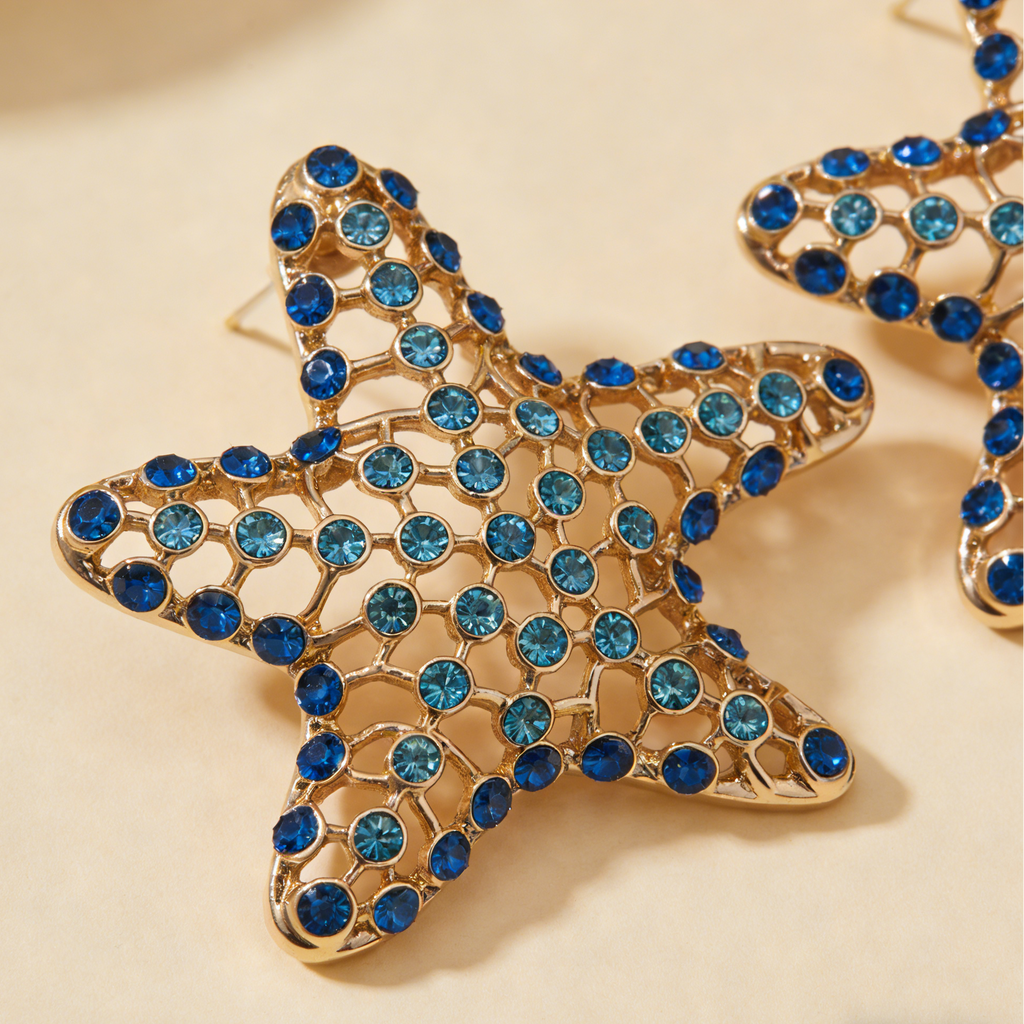 Pendientes Estrella de Mar con Cristales Azules | Accesorio Dorado de Moda para Vacaciones en la Playa