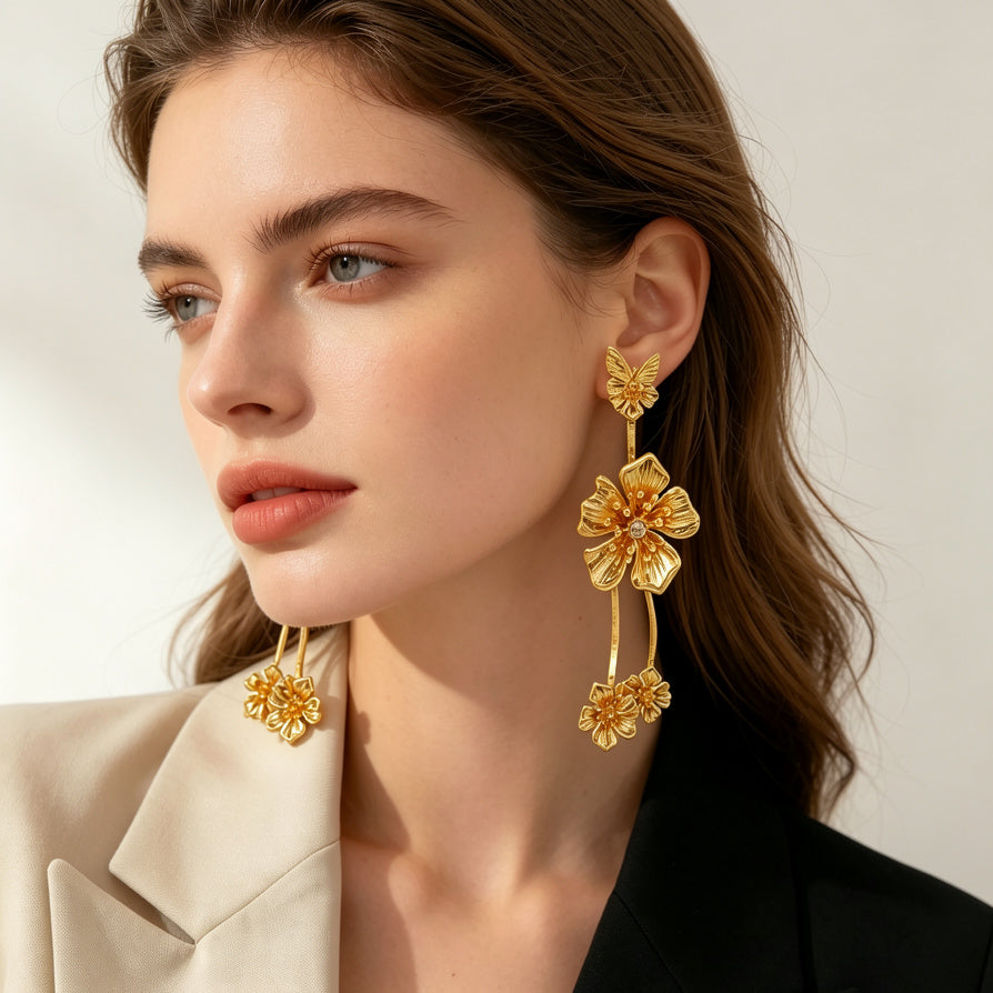 JI JOYA VENTA AL POR MAYORConjunto de Joyería de Flores Doradas con Mariposa y Circonita | Resistente al Deslustre, para Mujer, Venta al Por Mayor