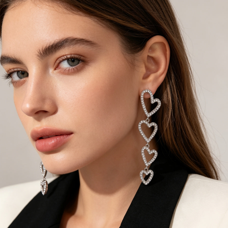 Pendientes de Corazón Colgante con Circonitas - Plata y Dorado - Joyería al Por Mayor|JI JOYA