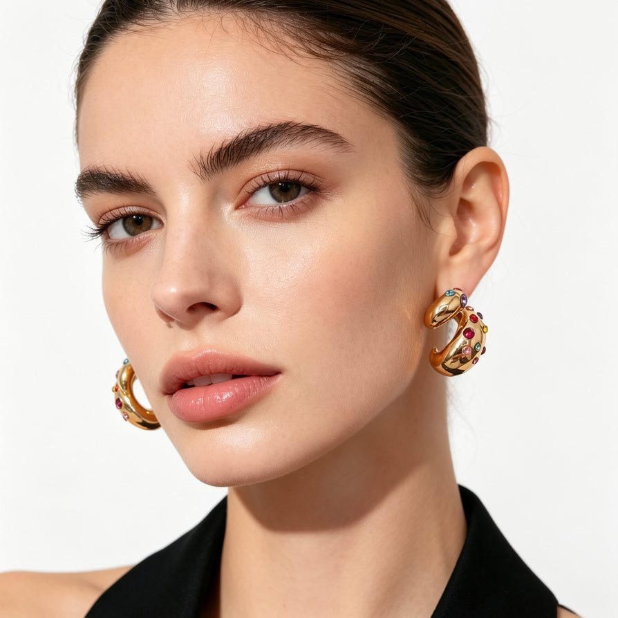 Pendientes Arcoíris Dorados con Cristales de Colores | Joyería Mayorista de Zinc Aleación|JI JOYA