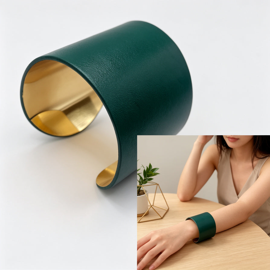 Pulsera Brazalete Ancha de Zinc con Revestimiento de Cuero - 4 Colores Disponibles - Joyería de Moda Mayorista|JI JOYA