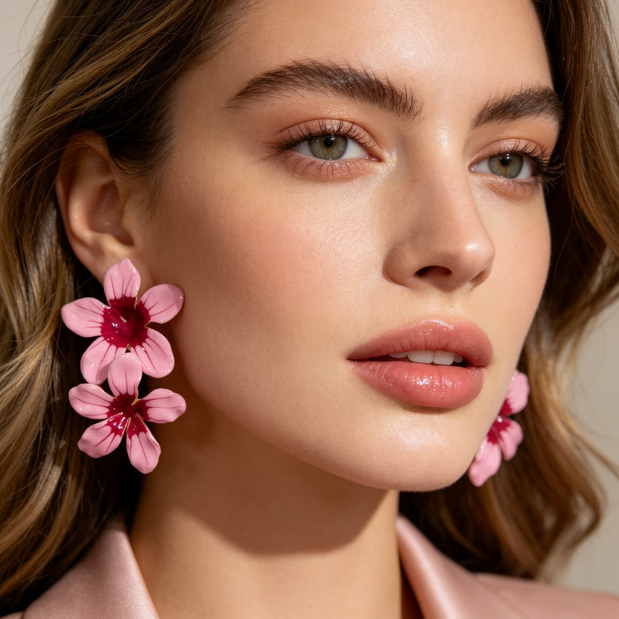 Aretes de Flores Rosadas Diseño Minimalista | Al Por Mayor para Joyerías España|JI JOYA