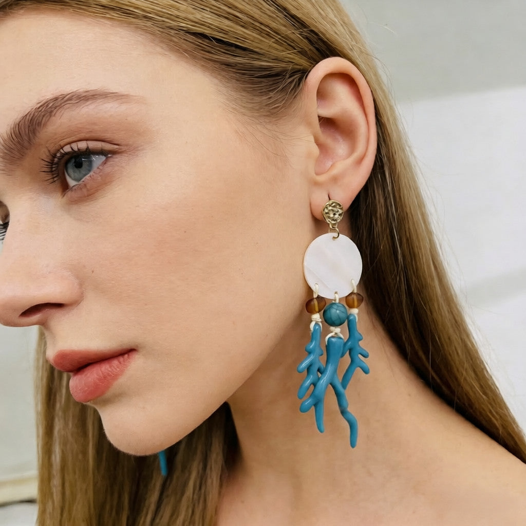 Aretes de Estilo Mediterráneo con Elementos de Coral y Nácar|JI JOYA
