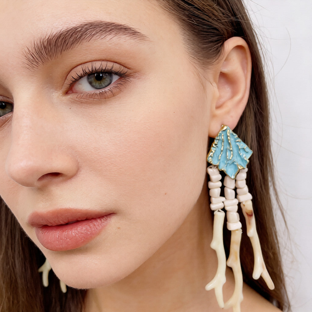 Pendientes Colgantes de Coral y Esmalte Turquesa | Diseño Artesanal Boho|JI JEWELLERY
