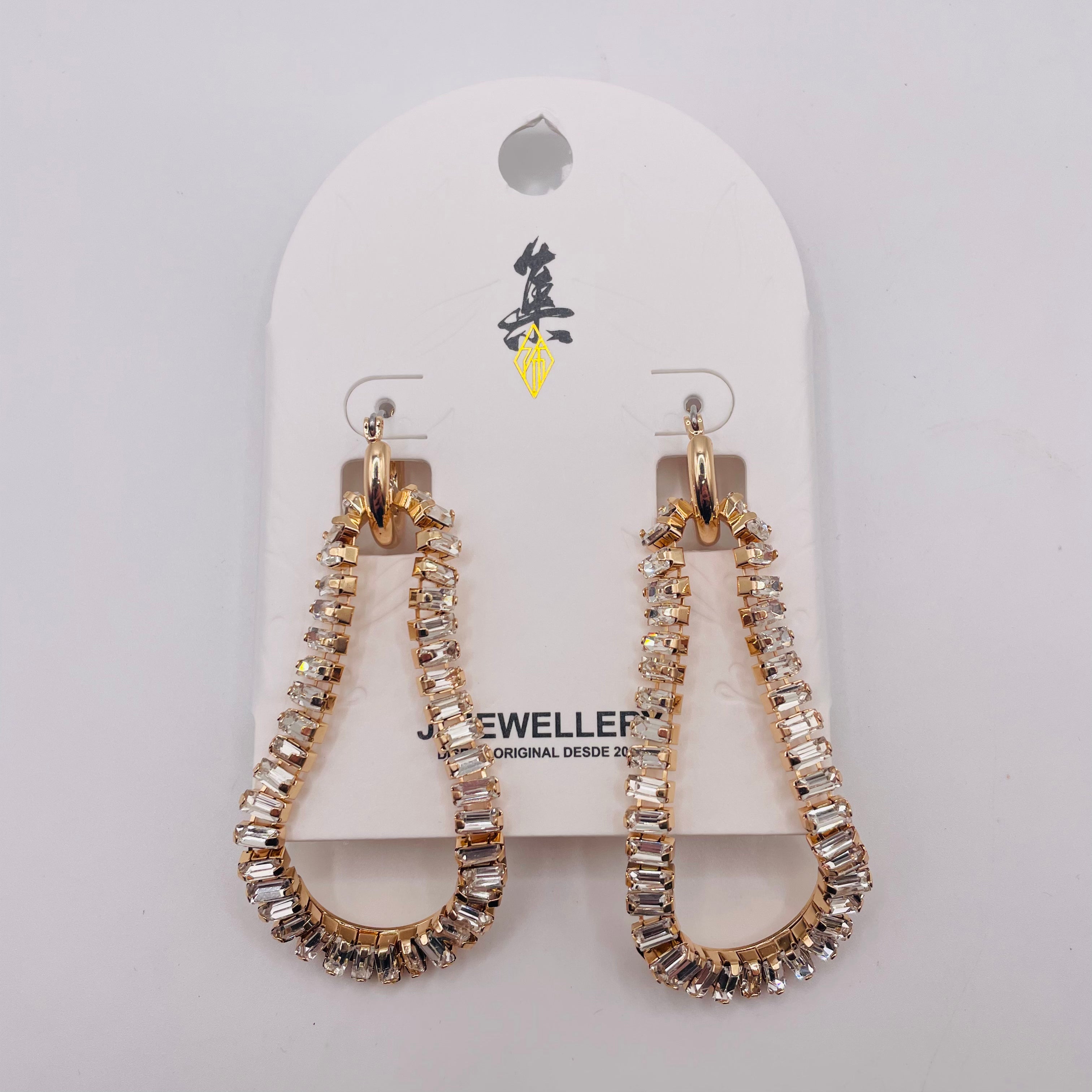 Pendientes Aro Largo Forma Huevo con Piedras Negras/Oro, Pendientes de Cristal Baguette al Por Mayor para Mayoristas y Tiendas de Moda|JI JOYA