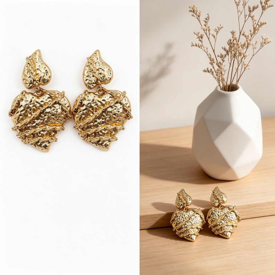Pendientes de Corazón Texturizado Dorado al Por Mayor | Joyería de Moda Mayorista|JI JOYA