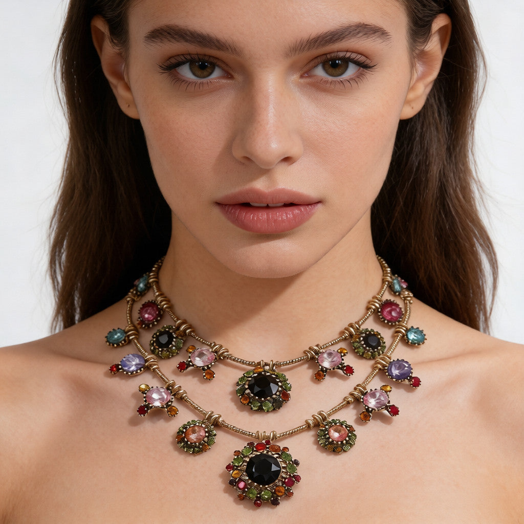 Conjunto vintage de collar y pendientes con piedras preciosas multicapa | Joyería bohemia de lujo para la noche