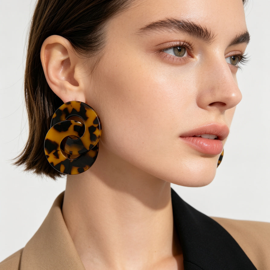 Pendientes Doble Aro Resina Carey | Joyería Moda Mayorista|JI JOYA