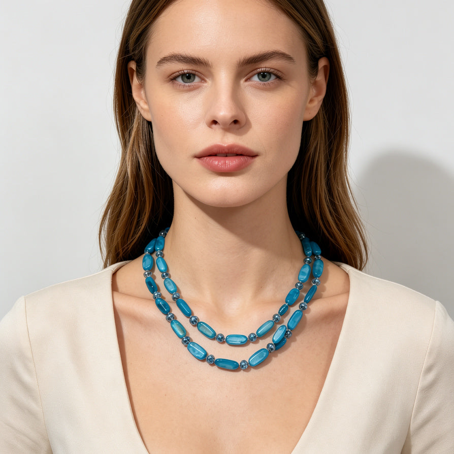 Collar Doble de Cuentas Azules Brillantes | Joyería Moda al Por Mayor|JI JOYA