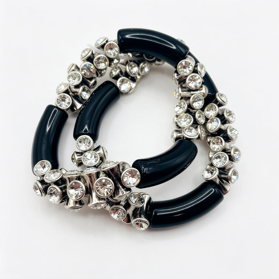 Pulsera Elástica de Moda con Circonitas y Detalles en Negro Brillante | Venta al Por Mayor (Plata/Oro)|JI JOYA