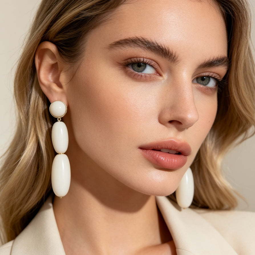 Pendientes Colgantes de Resina Ovalada - Largo Elegante, Blanco y Turquesa | Joyería al Por Mayor para Mujer| JI JOYA