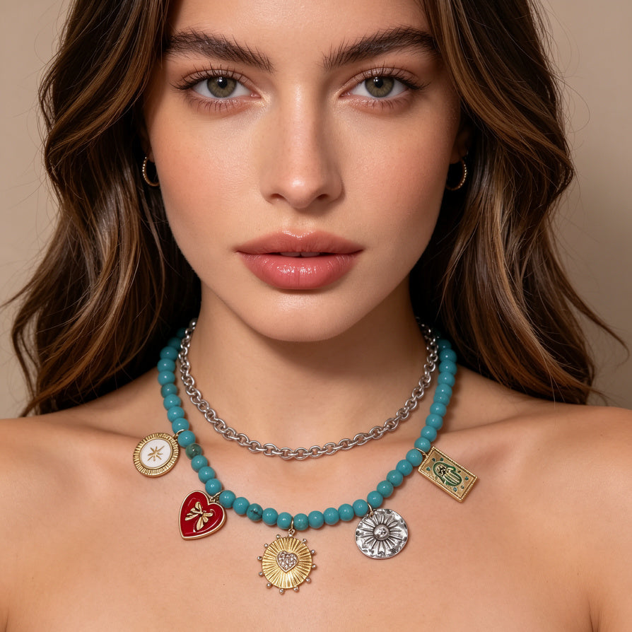 Collar de Turquesa con Dijes Vintage - Joyería Bohemia para Mujer|JI JOYA