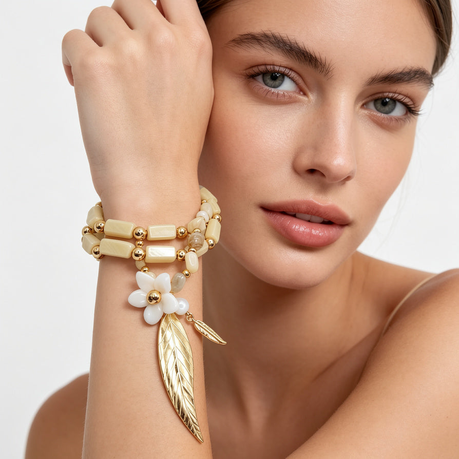 Pulsera de Moda con Cuentas de Resina y Colgante de Hoja, 3 Colores Disponibles, Joyería para Mujer al Por Mayor|JI JOYA
