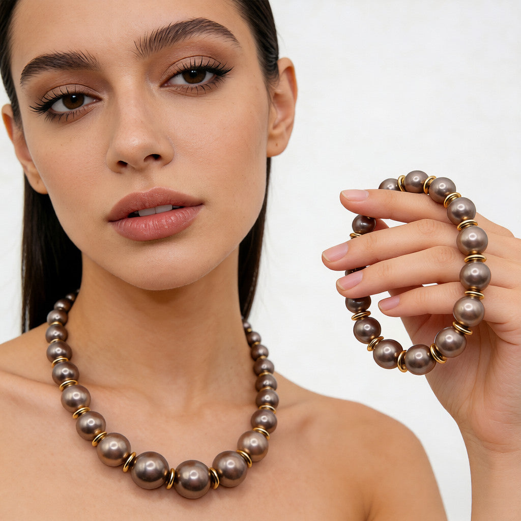 Conjunto de collar y pulsera de perlas gris oscuro mate | Joyería minimalista de lujo con detalles en oro para mujer