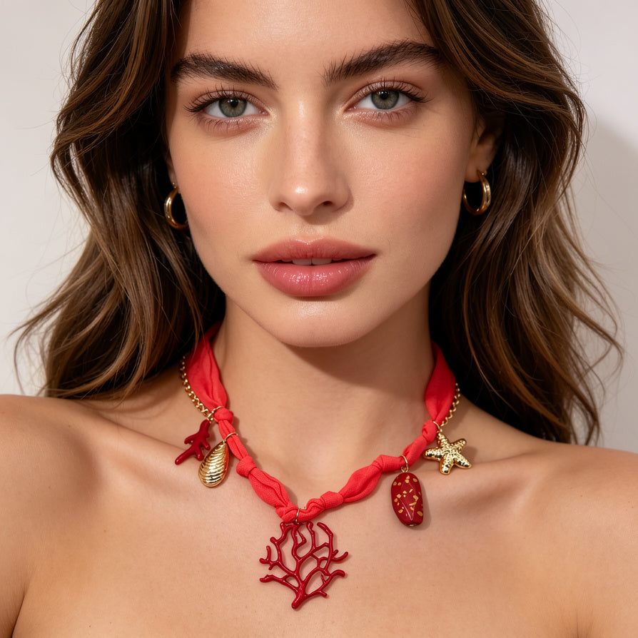 Gargantilla de tela turquesa con dijes de estrellas de mar doradas | Joyería Coastal Vacation
