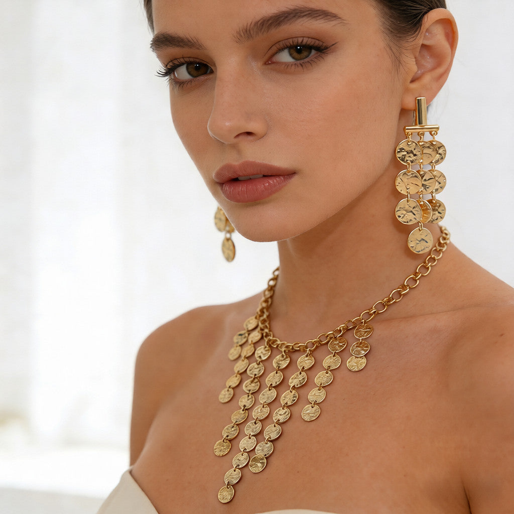 Conjunto de joyas con borlas y monedas de oro | Collar y pendientes bohemios chic