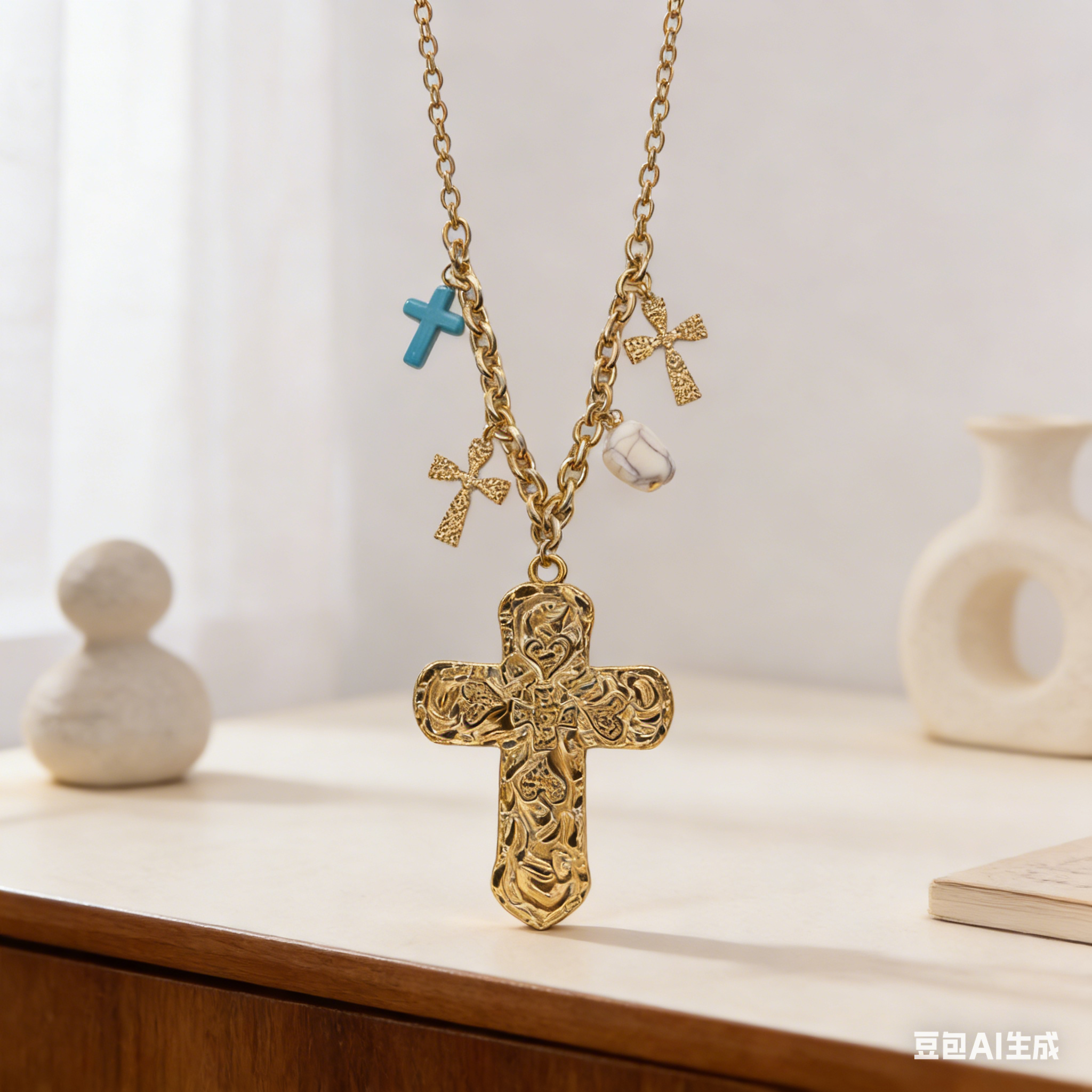 Collar vintage con cruz tótem y turquesa | Cadena gruesa de oro y plata para mujer