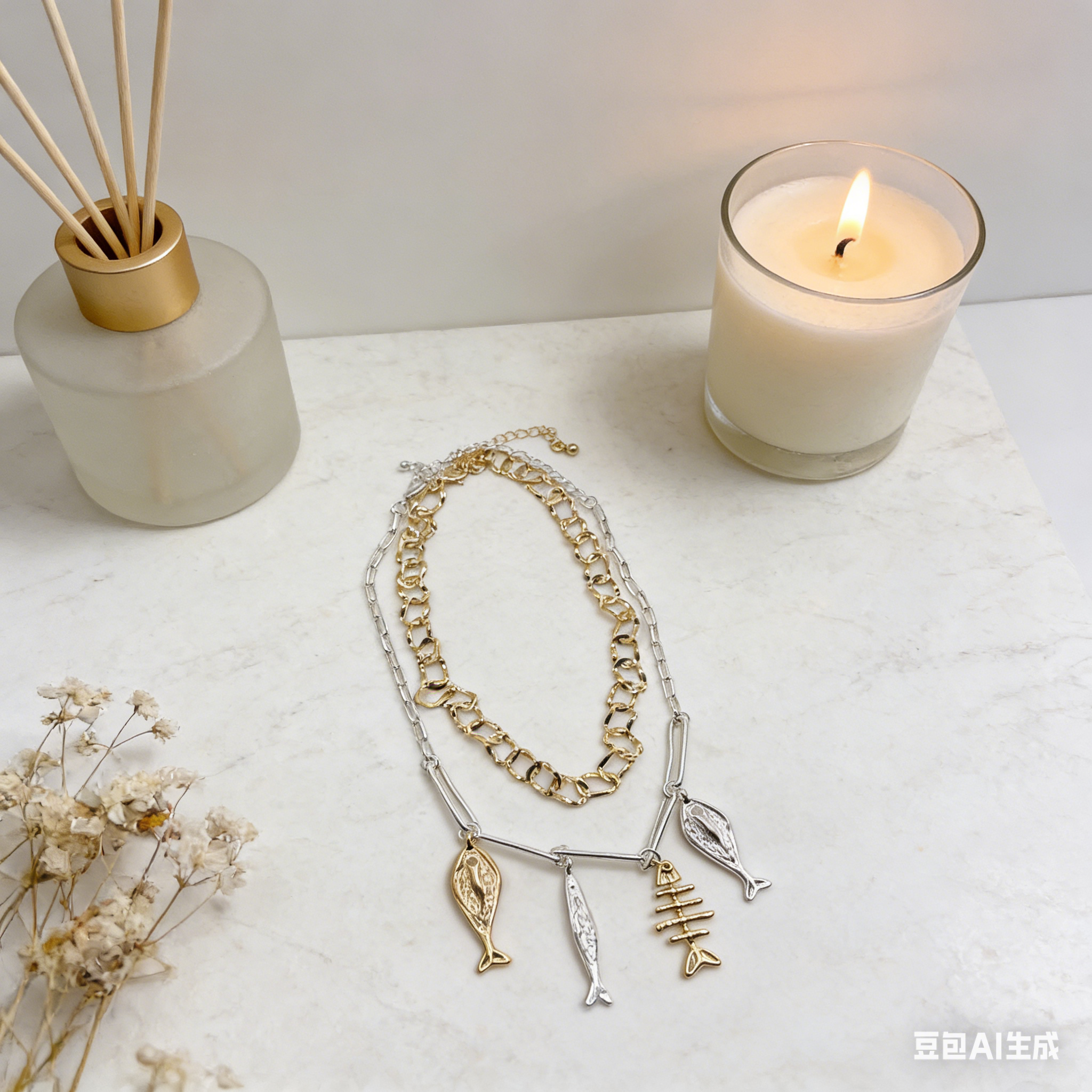 Gold and silver mixed metal layered necklace and bracelet inspired by the ocean | Stylish vintage jewelry for women