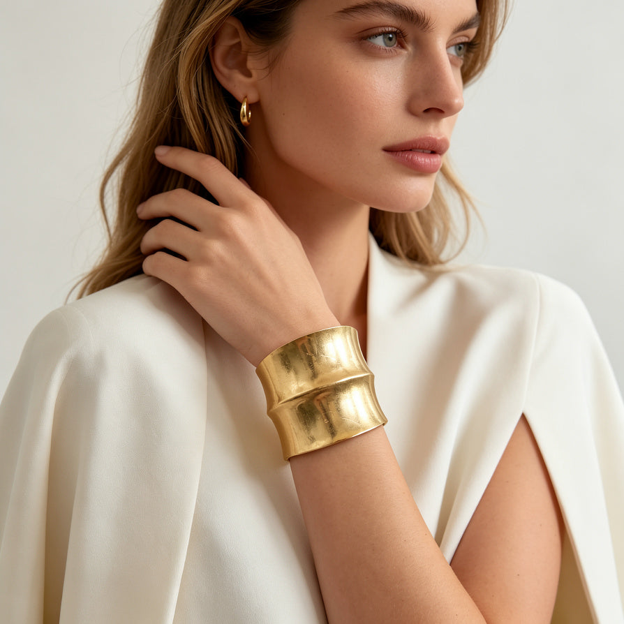 JI JOYA VENTA AL POR MAYOR|Brazalete Ancho de Diseño Ondulado, Brazalete Abierto de Zinc Aleación en Oro y Plata, Joyería de Moda para Mujer, Venta al Por Mayor