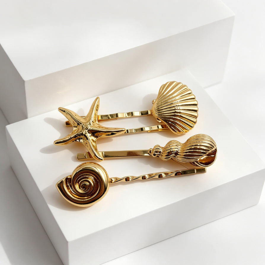 Set de 4 Pasadores de Pelo Dorados Estilo Marino - Diseño de Estrella de Mar, Concha y Caracol - Joyería de Moda para Mujeres - Mayorista|JI JOYA