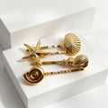 Set de 4 Pasadores de Pelo Dorados Estilo Marino - Diseño de Estrella de Mar, Concha y Caracol - Joyería de Moda para Mujeres - Mayorista|JI JOYA