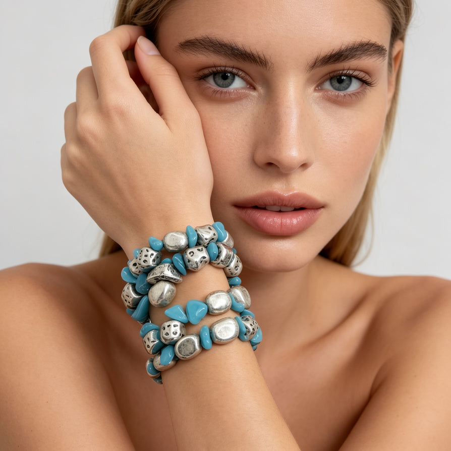 Pulseras de Piedra Irregular en Metal Dorado y Plateado, Set de 3 Unidades en Colores Turquesa, Rojo y Blanco | Bisutería al Por Mayor
