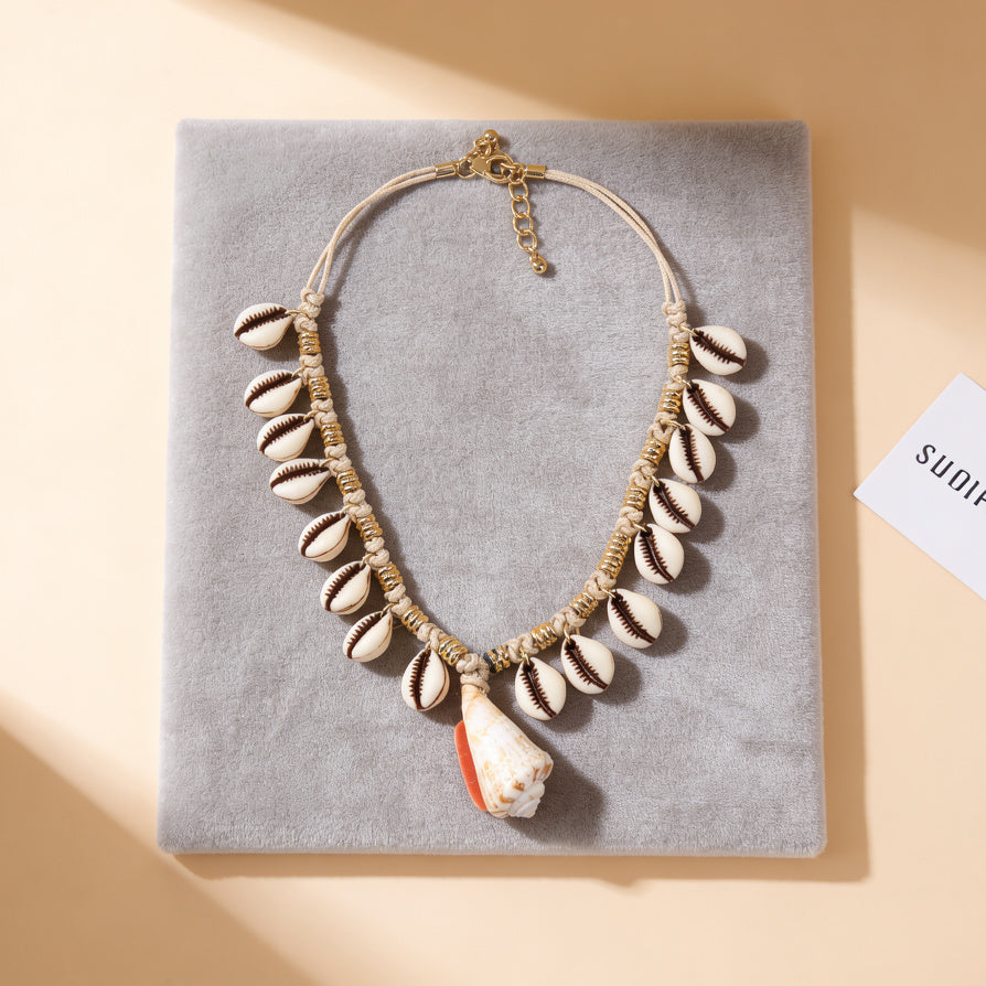 Cowrie Shell Necklace with Conch Shell Pendant - Boho Beach Style|JI JOYA