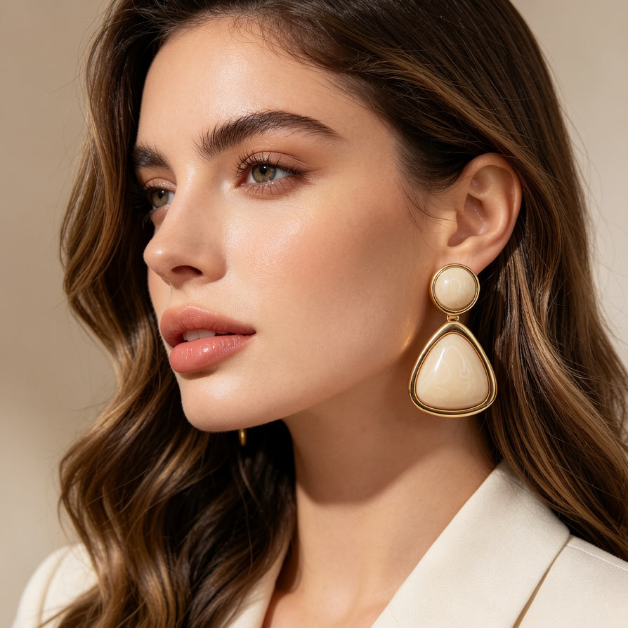 Pendientes Geométricos Resina Mármol Dorados | Moda Elegante Mayorista Joyería Mujer|JI JOYA