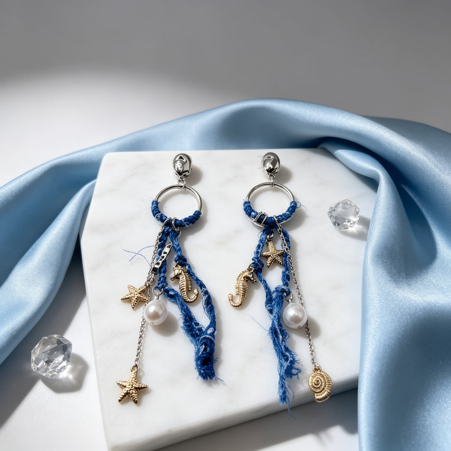 Pendientes Boho Marinos con Tela Desgastada - Mayorista Joyería Veraniega|JI JOYA