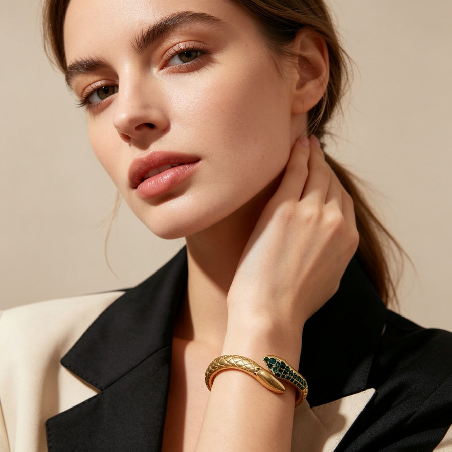 Pulsera Serpiente de Aleación con Cristales Verdes - Mayorista Joyería de Temporada|JI JOYA