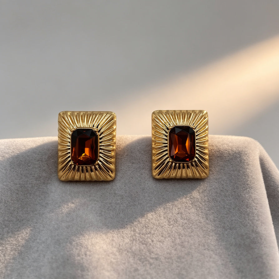 Pendientes Cuadrados Dorados con Piedra Ámbar | Joyería de Moda para Mujer | Venta al Por Mayor|JI JOYA