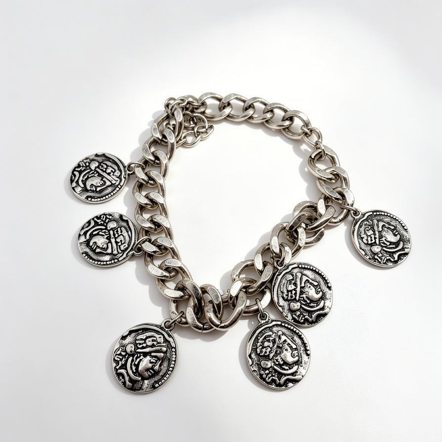 Pulsera de Monedas Antiguas en Cadena Gruesa - Oro y Plata, Joyería de Moda al Por Mayor|JI JOYA