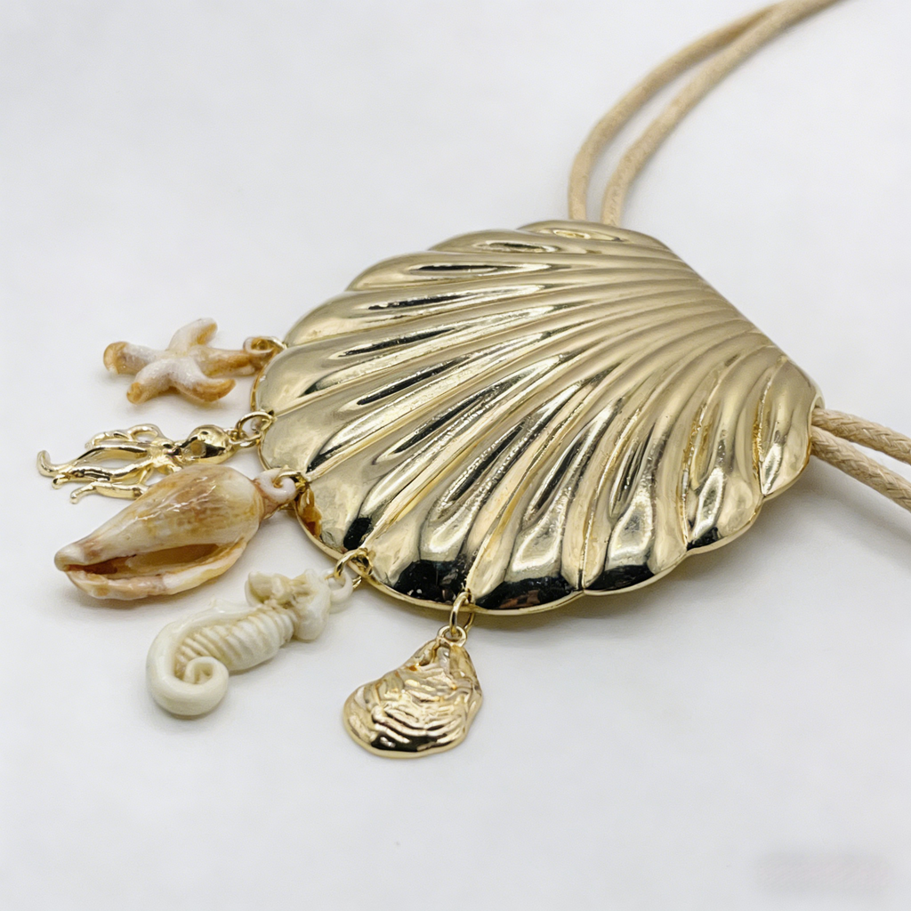 Gargantilla de conchas doradas con cordón en capas | Collar bohemio playero con dijes de estrellas de mar y caballitos de mar