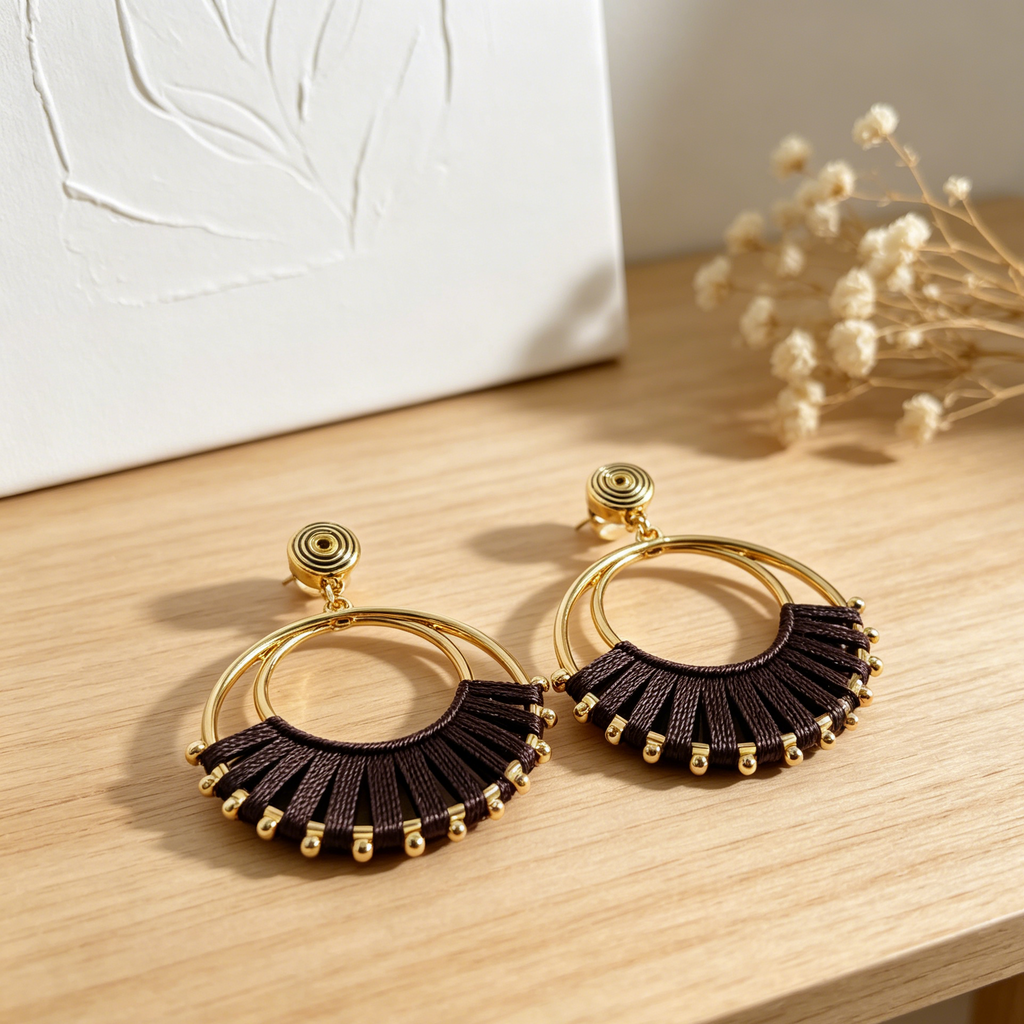 Pendientes Arco Hilo Tejido Aro Doble Dorado | Mayorista Joyería Moda Variedad Colores Rojo Negro Azul Claro|JI JOYA