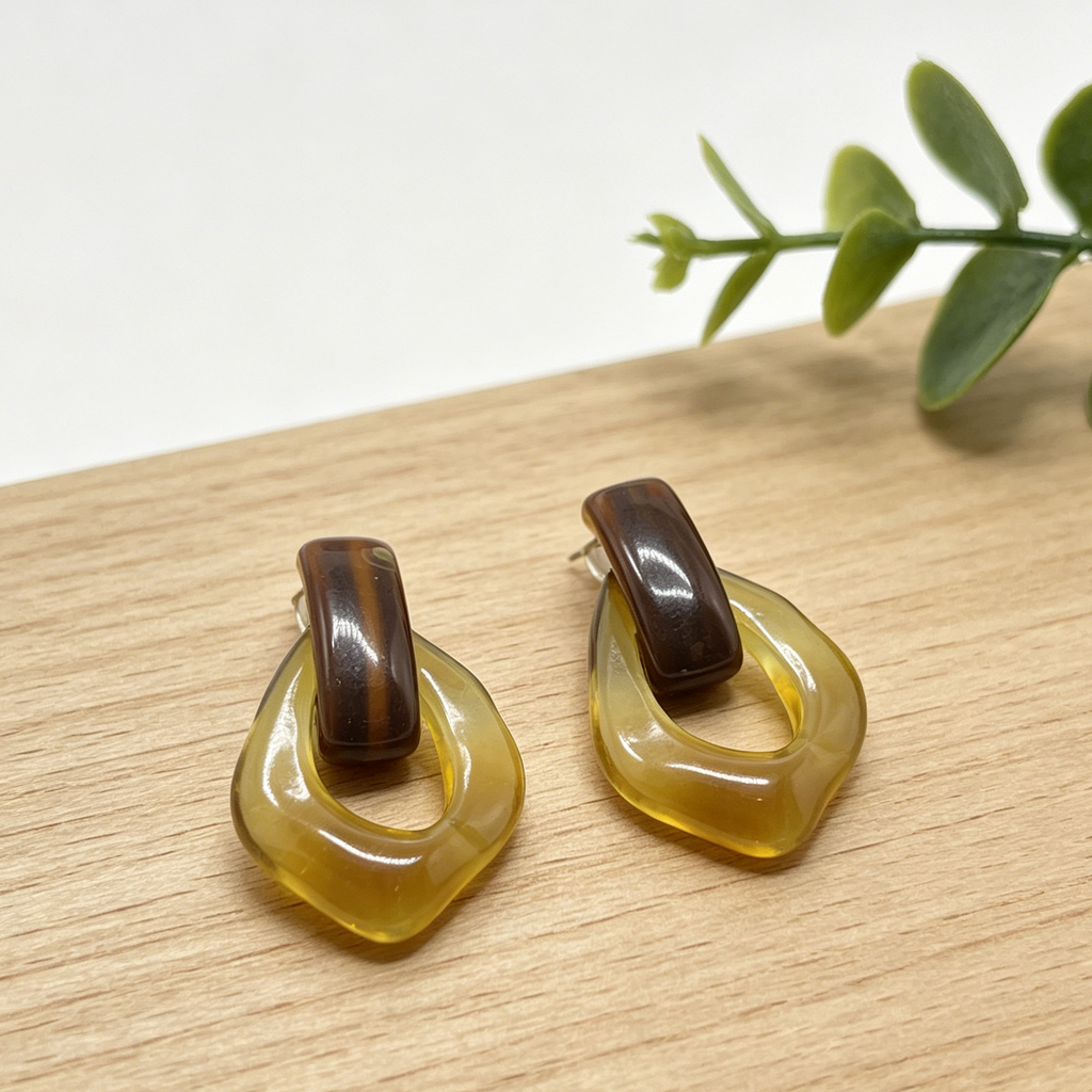 Pendientes Resina Efecto Ámbar Marrón Diseño Geométrico Mayorista Joyería Moda Mujer|JI JOYA