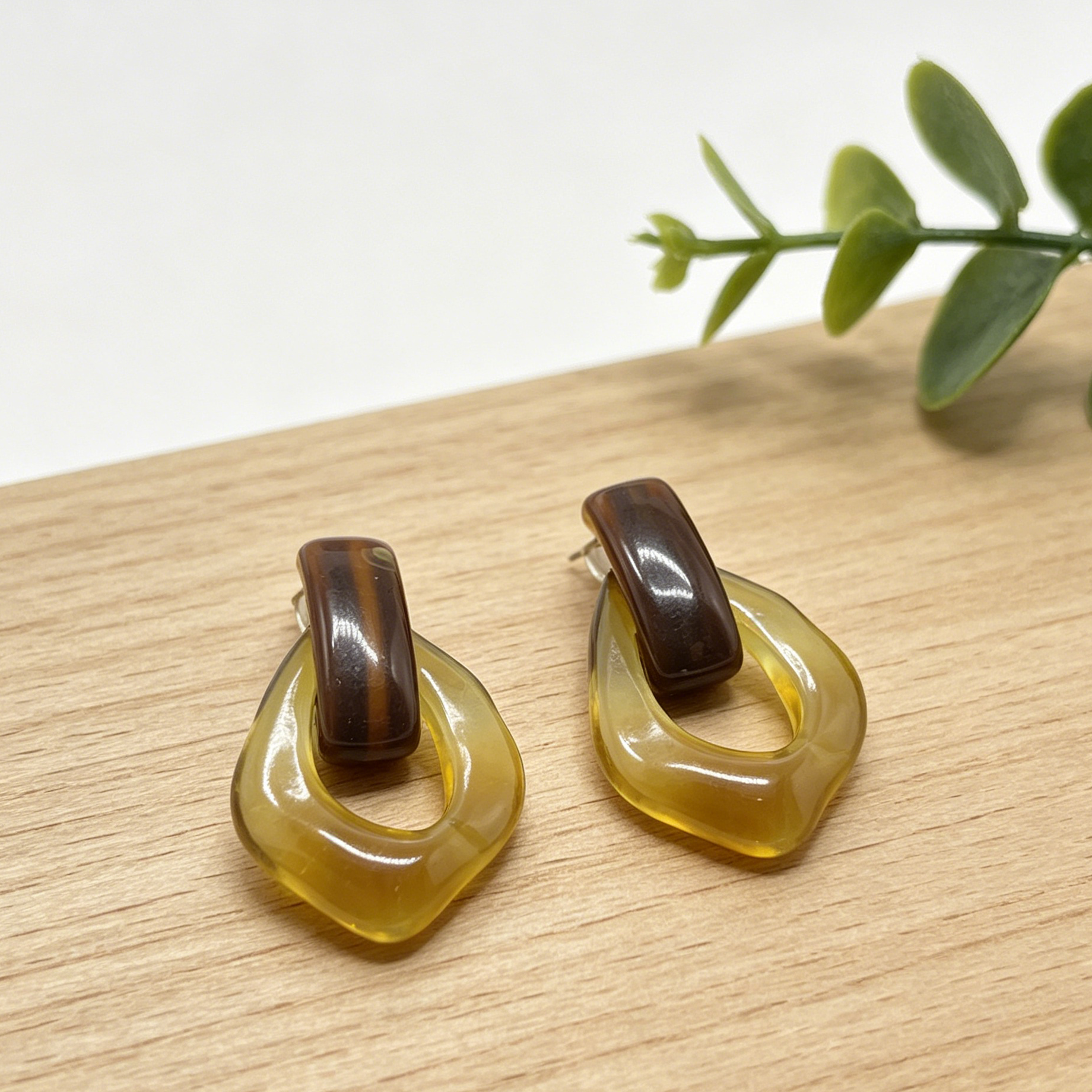 Pendientes Resina Efecto Ámbar Marrón Diseño Geométrico Mayorista Joyería Moda Mujer|JI JOYA