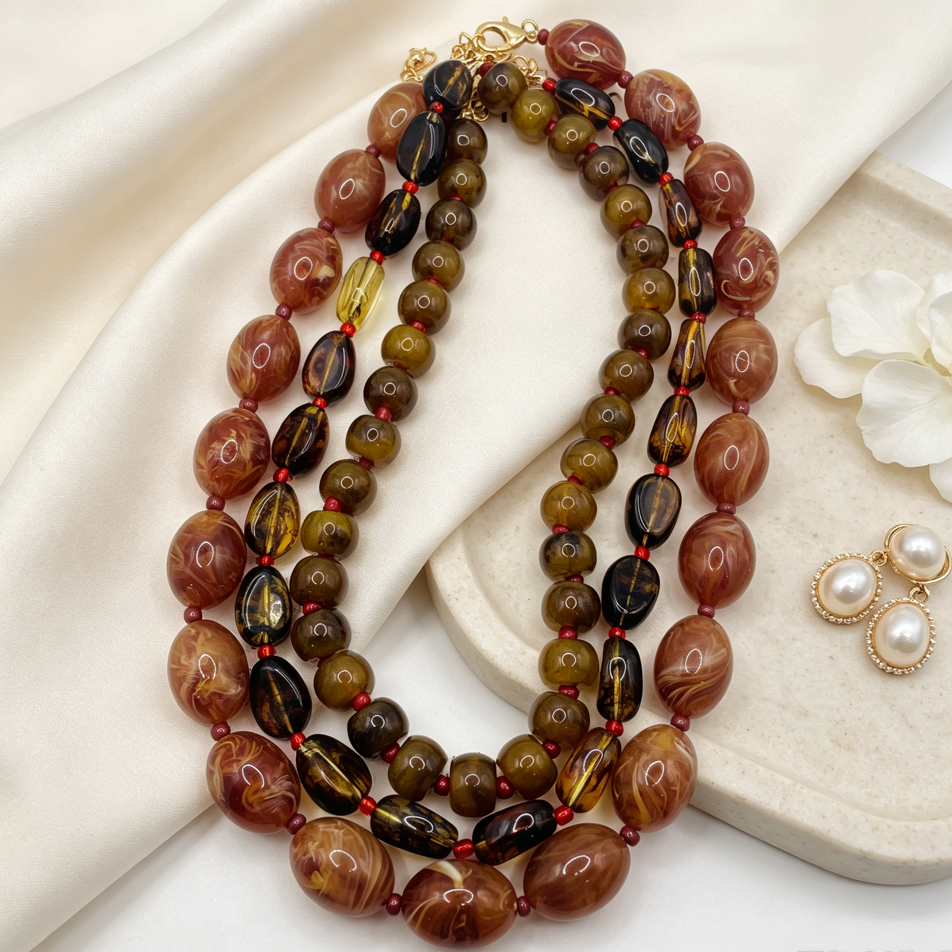 Set de Collar de 3 Hilos y Pulsera de Resina Estilo Ámbar, Joyería Vintage al Por Mayor|JI JOYA