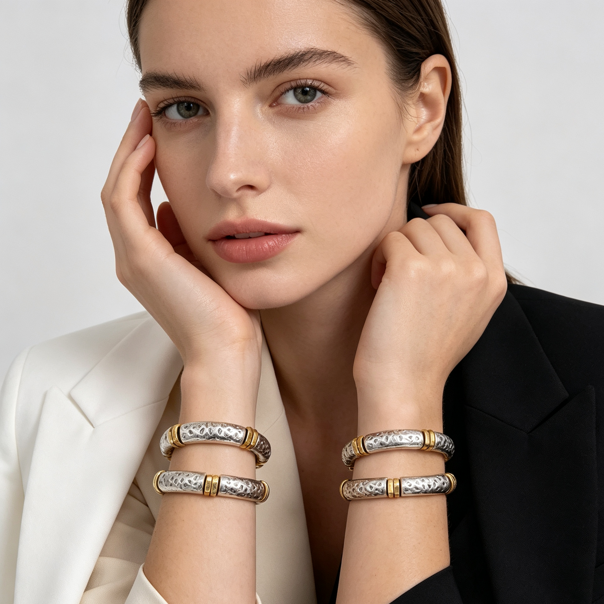 Pulseras combinadas de textura martillada, juego de 3 unidades, accesorios de moda al por mayor|JI JOYA