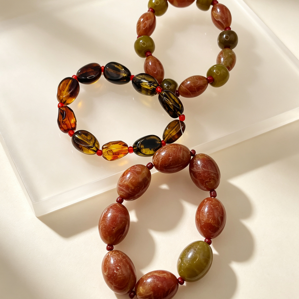 Set de Collar de 3 Hilos y Pulsera de Resina Estilo Ámbar, Joyería Vintage al Por Mayor|JI JOYA