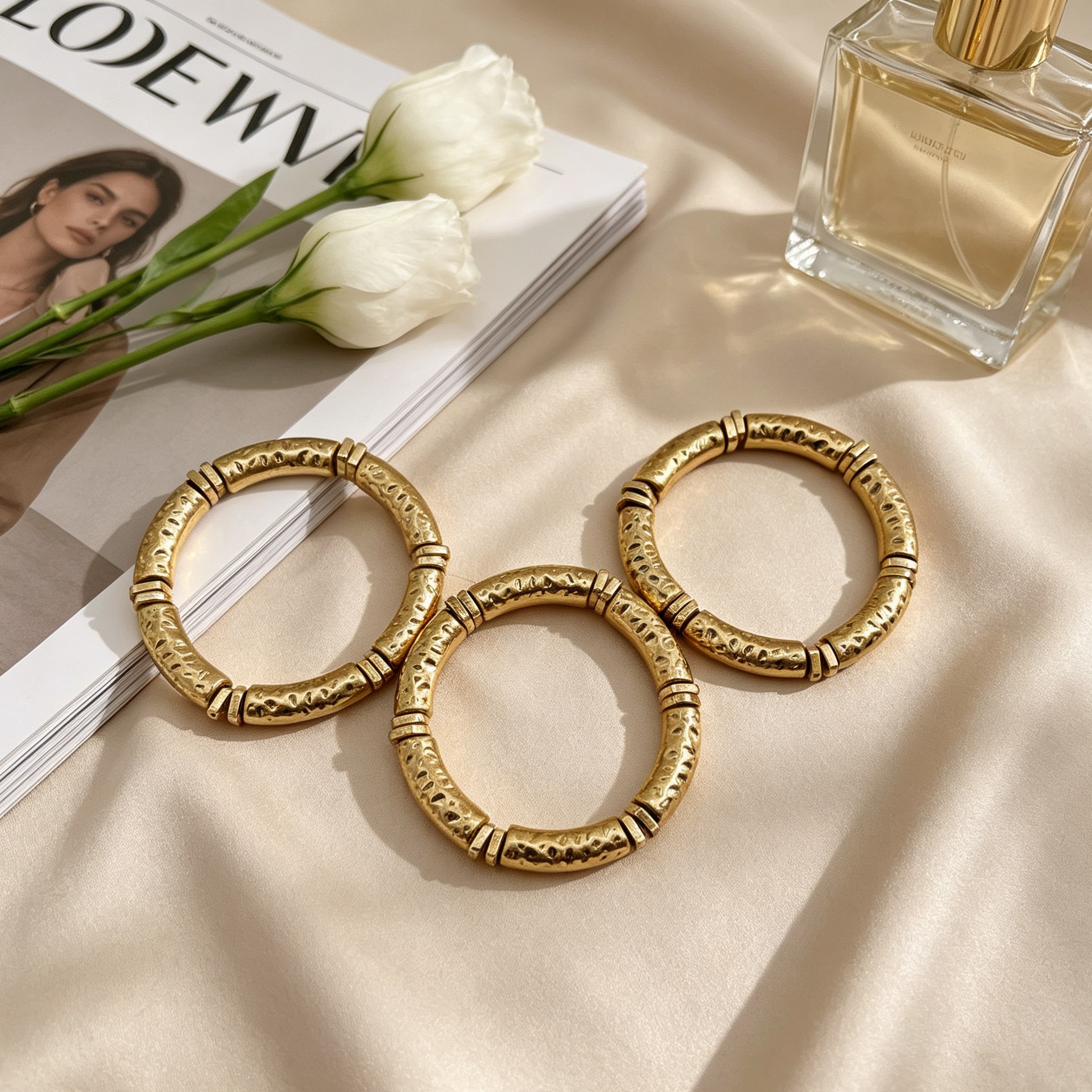 Pulseras combinadas de textura martillada, juego de 3 unidades, accesorios de moda al por mayor|JI JOYA