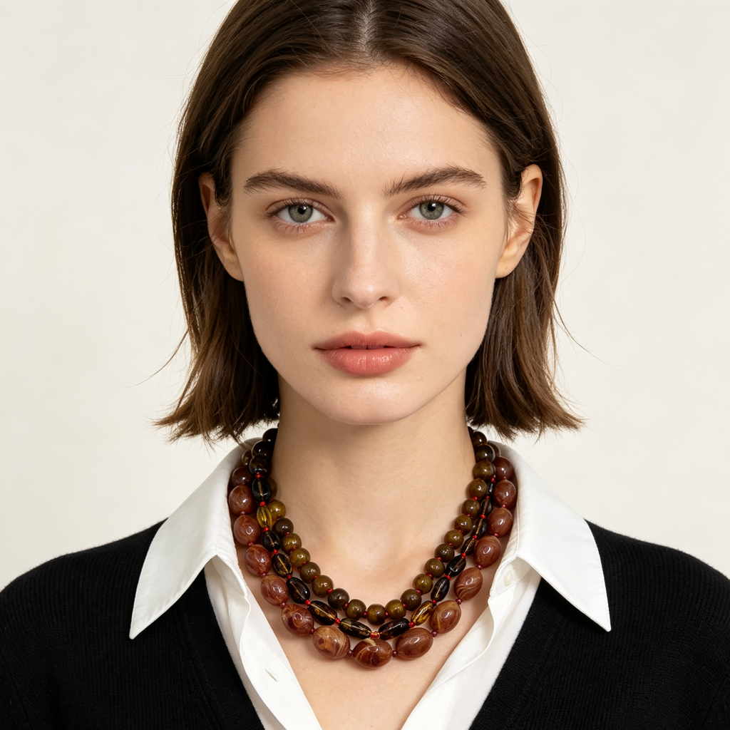 Set de Collar de 3 Hilos y Pulsera de Resina Estilo Ámbar, Joyería Vintage al Por Mayor|JI JOYA