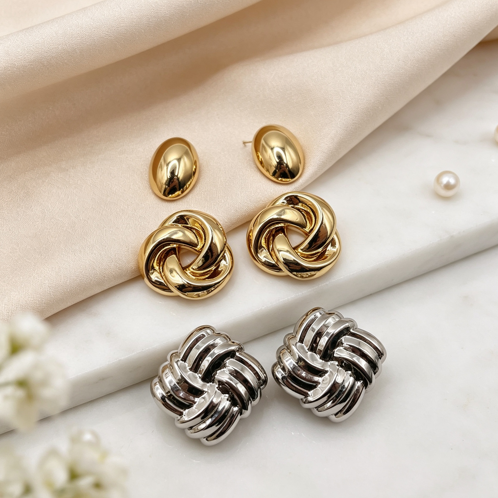 Juego de 3 pares de pendientes metálicos de lujo, aretes combinados de textura dorada y plateada para mayorista|JI JOYA