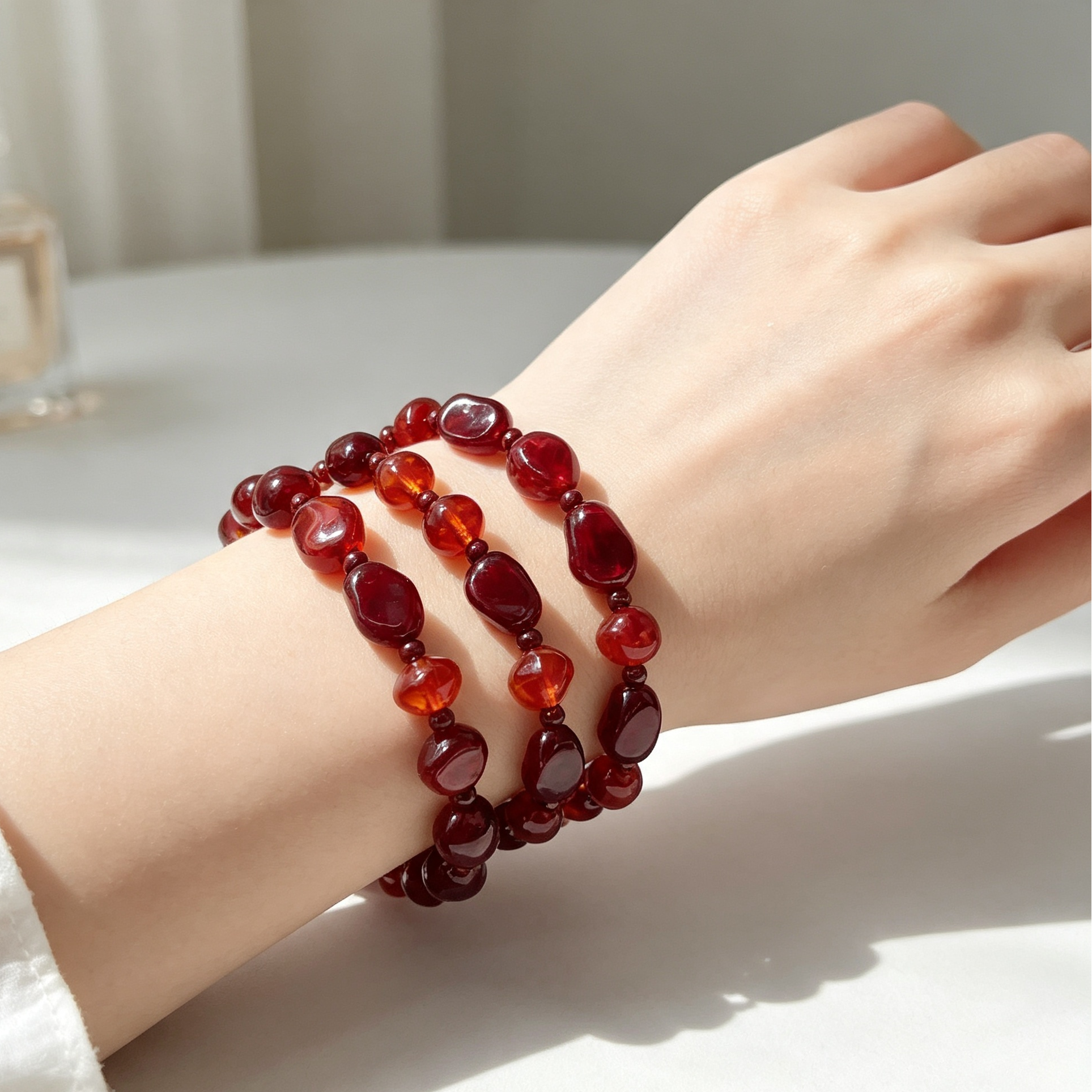 Collar/Pulsera de 3 filas cuentas rojo burdeos estilo vintage al por mayor, accesorios de joyería de moda mayorista para mujer