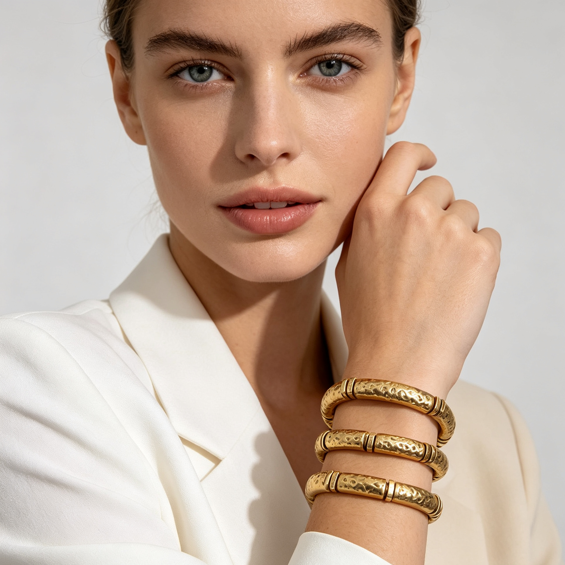 Pulseras combinadas de textura martillada, juego de 3 unidades, accesorios de moda al por mayor|JI JOYA