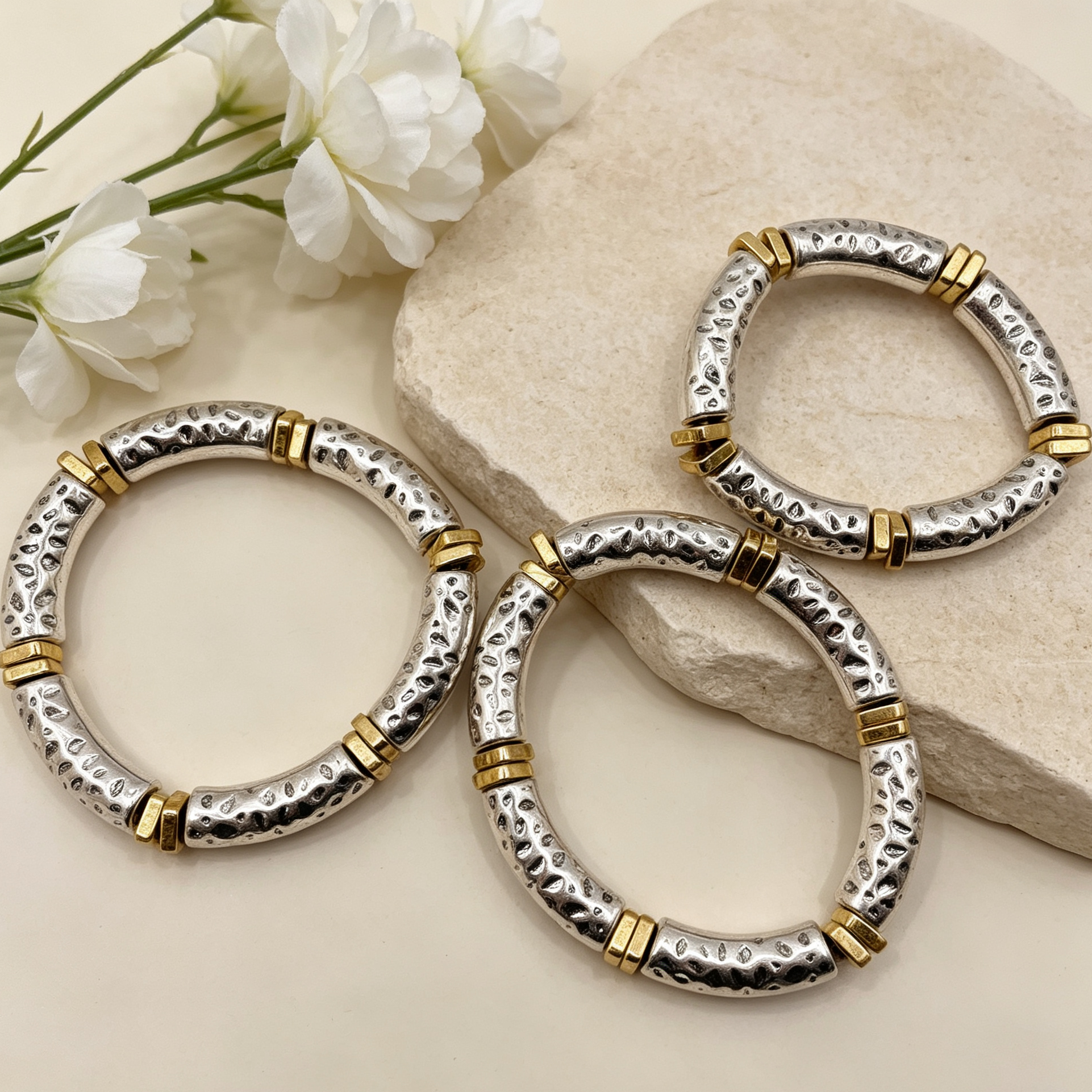 Pulseras combinadas de textura martillada, juego de 3 unidades, accesorios de moda al por mayor|JI JOYA