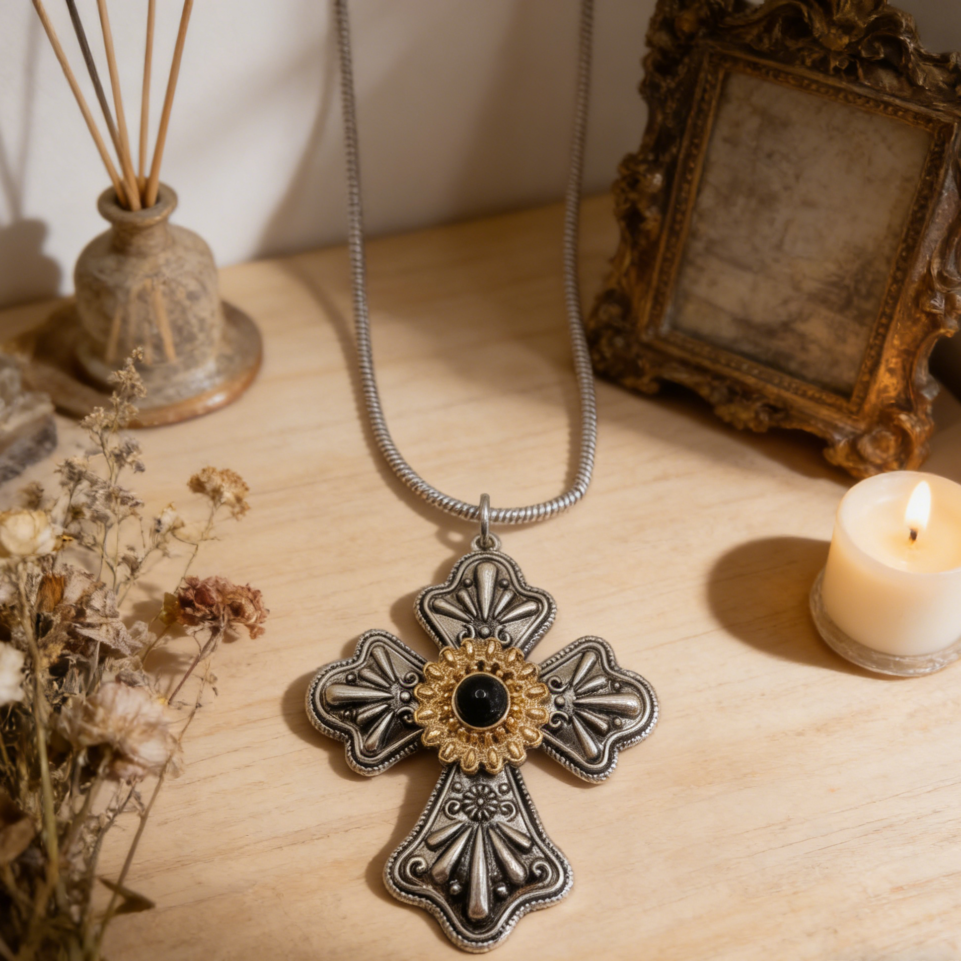 Vintage Maltese cross pendant necklace | Bicolor gold and silver statement choker for women
