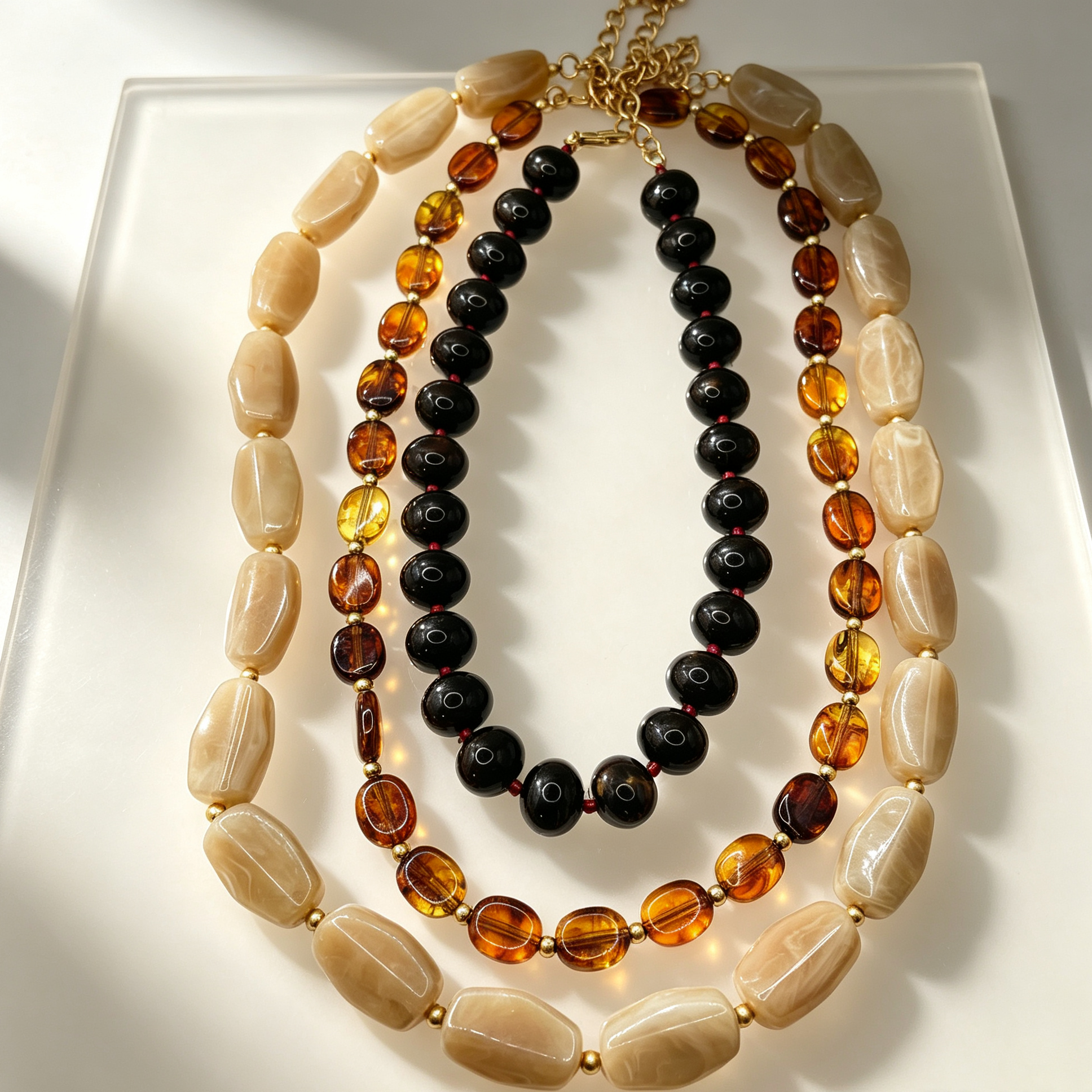 Collar de tres capas con piedras ámbar y ópalo beige, accesorio de moda al por mayor|JI JOYA