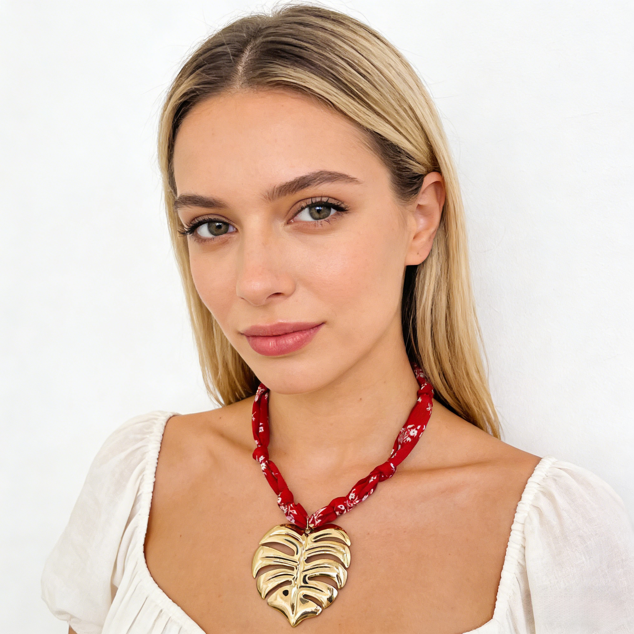 Collar vintage con hojas de monstera y flores | Collar vintage con hojas de monstera y flores rojas | Collar con pañuelo de seda azul claro | Cadena de clavícula de tela estilo resort francés|JI JOYA
