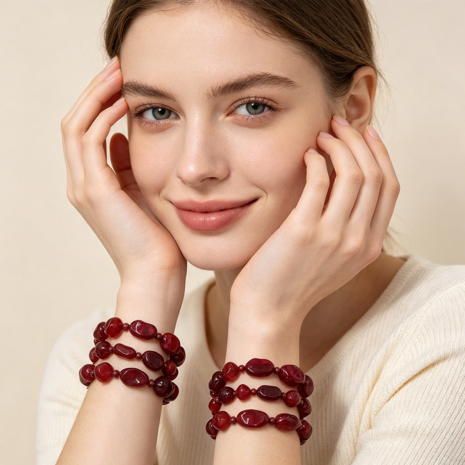 Collar/Pulsera de 3 filas cuentas rojo burdeos estilo vintage al por mayor, accesorios de joyería de moda mayorista para mujer