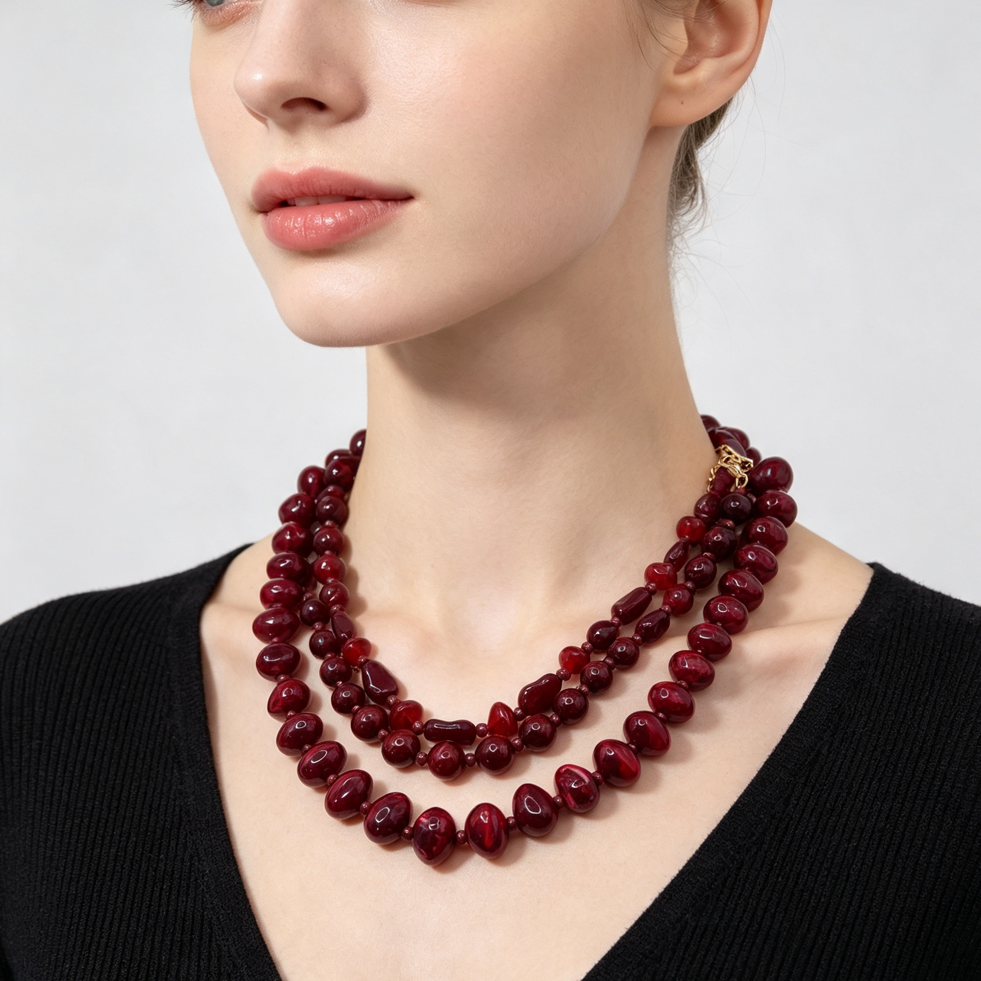 Collar/Pulsera de 3 filas cuentas rojo burdeos estilo vintage al por mayor, accesorios de joyería de moda mayorista para mujer